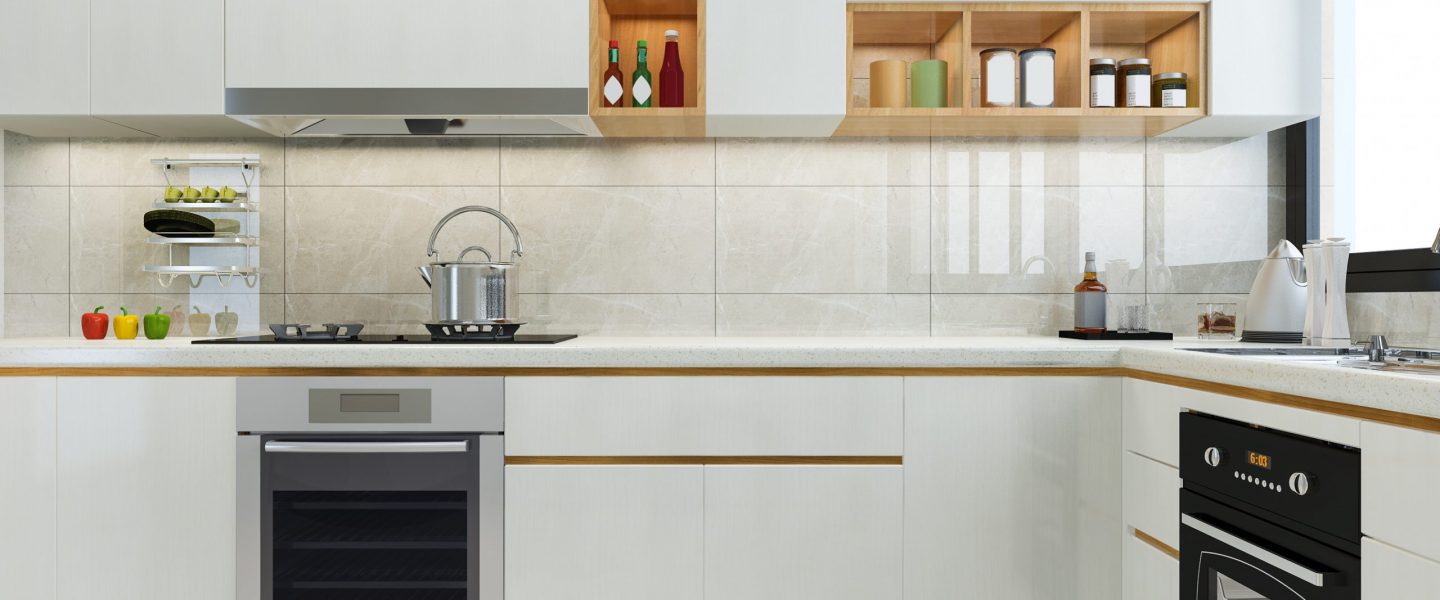 3d rendering modern kitchen counter with white and biege design