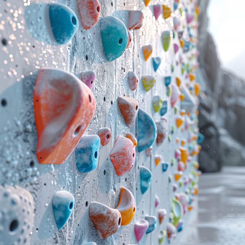 erial climbing wal indor.A detailed, ultra-realistic image of an indoor artificial climbing wall, with grey surfaces and climbing holds in shades of pink and pastel. The scene is very clean and aesthetic, with beautiful, smooth lighting and blurred foreground elements creating a clean, minimalist look. No people are visible. --ar 2:3 --style raw --stylize 500 Job ID: 4e2a4bca-d51c-4ae0-b62f-897fd51b8347