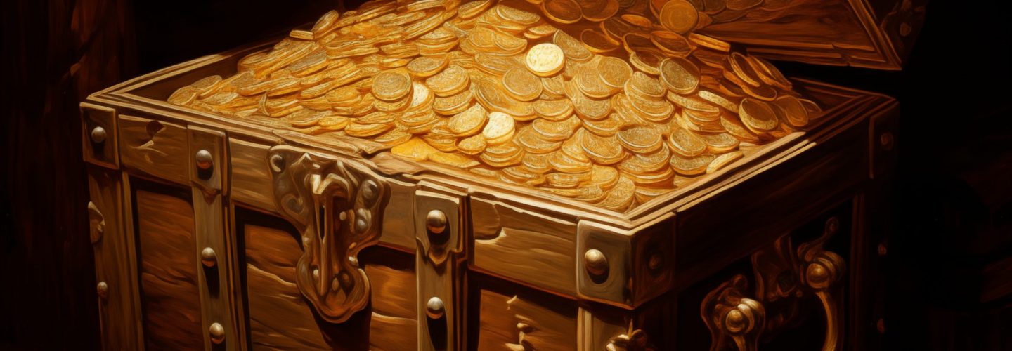 an old chest with a lot of gold coins, in the style of michael whelan, daguerreotype, jerry pinkney, #vfxfriday, poetcore, light gold and amber, thomas hart benton --ar 29:37